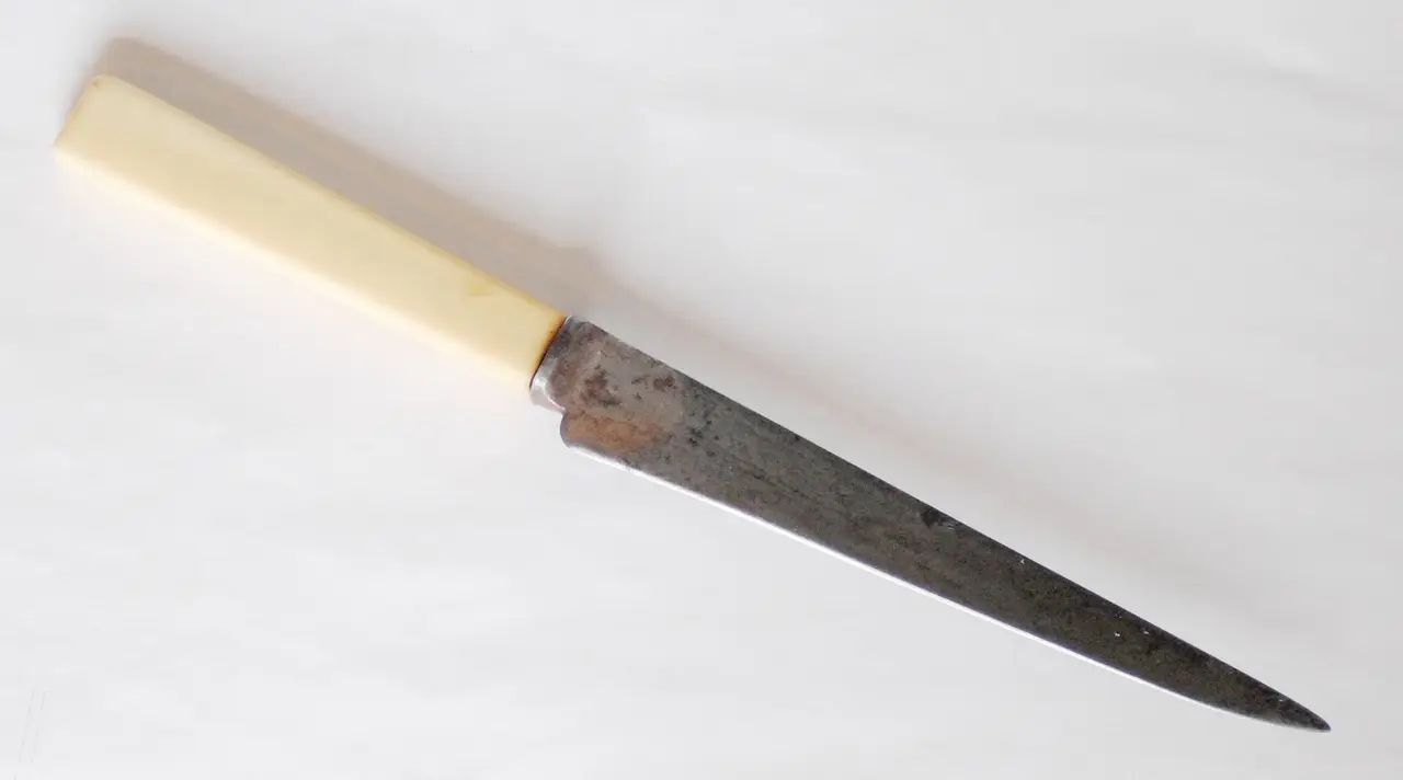 A thin kitchen knife with a cream handle lying on white paper