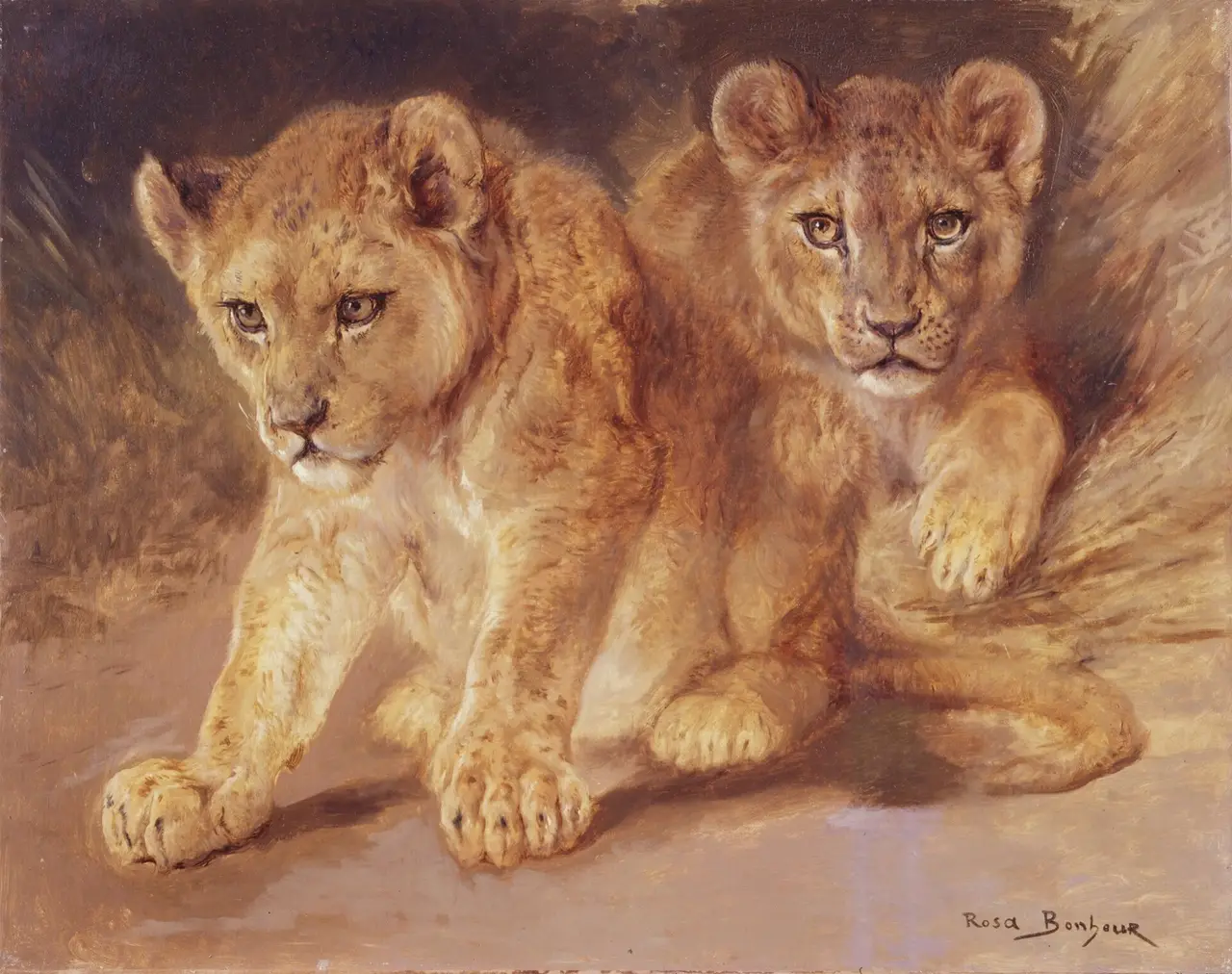 Two young lion cubs crouching together in a painting
