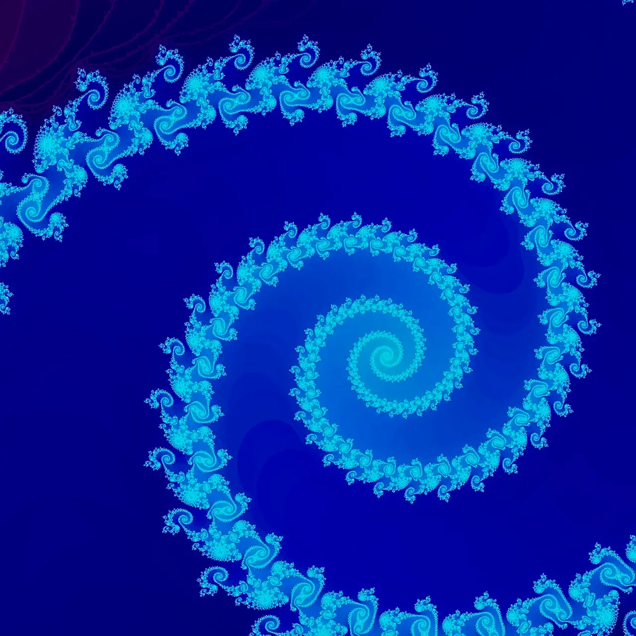 A blue fractal spiral winding inward with smaller spirals along its arms