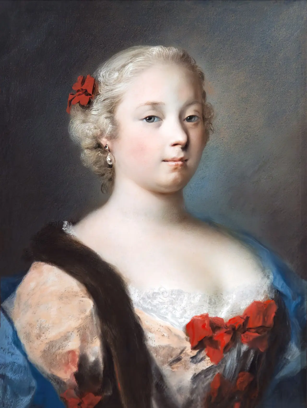 A pastel portrait of a young woman with powdered hair and red bows