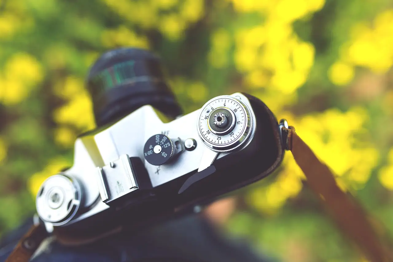 A vintage film camera with a strap held in front of yellow flowers