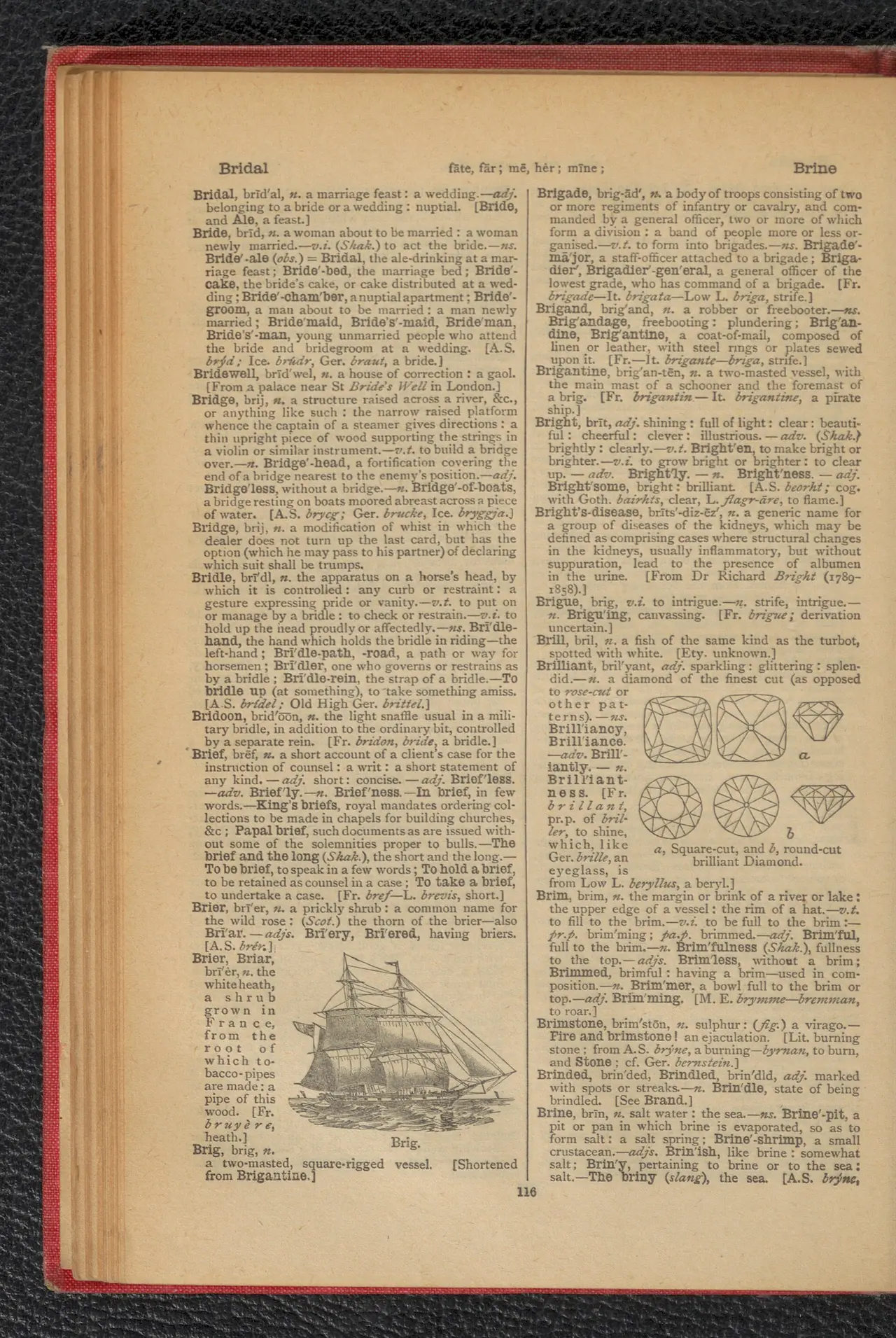 An open old dictionary page with two columns of text and a ship engraving