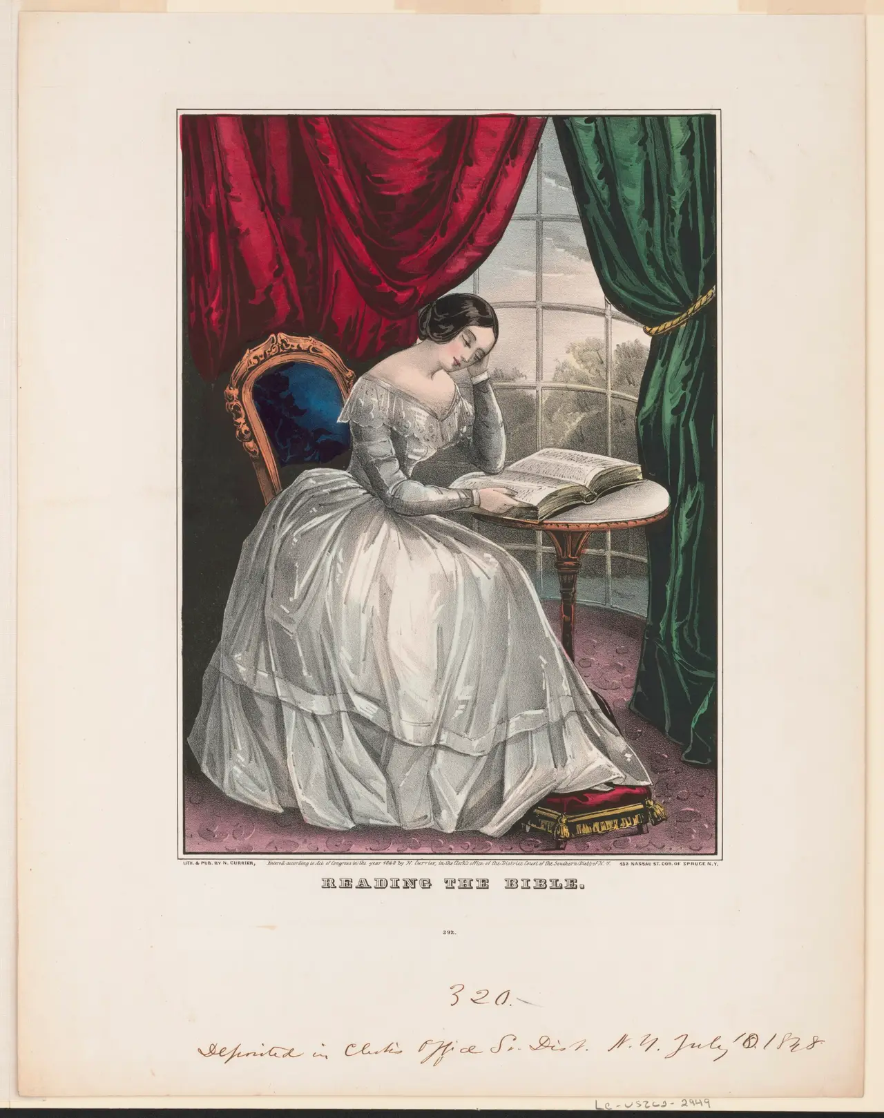 Lithograph of a seated woman reading an open book by a window