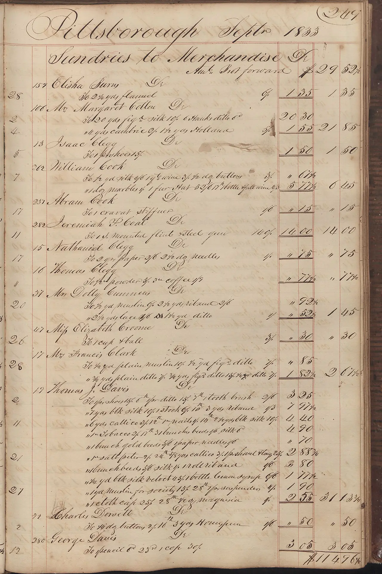 Handwritten accounts in columns on an old ledger page
