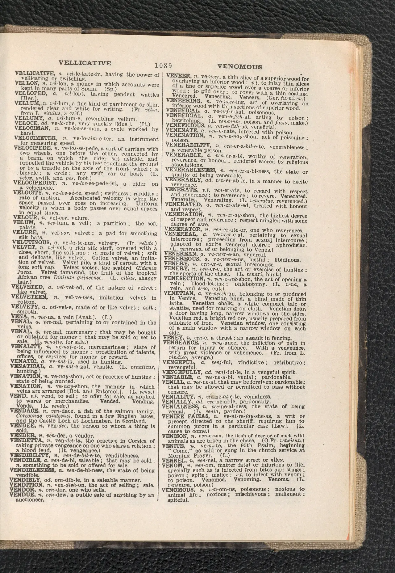 A worn dictionary open to a page of printed entries