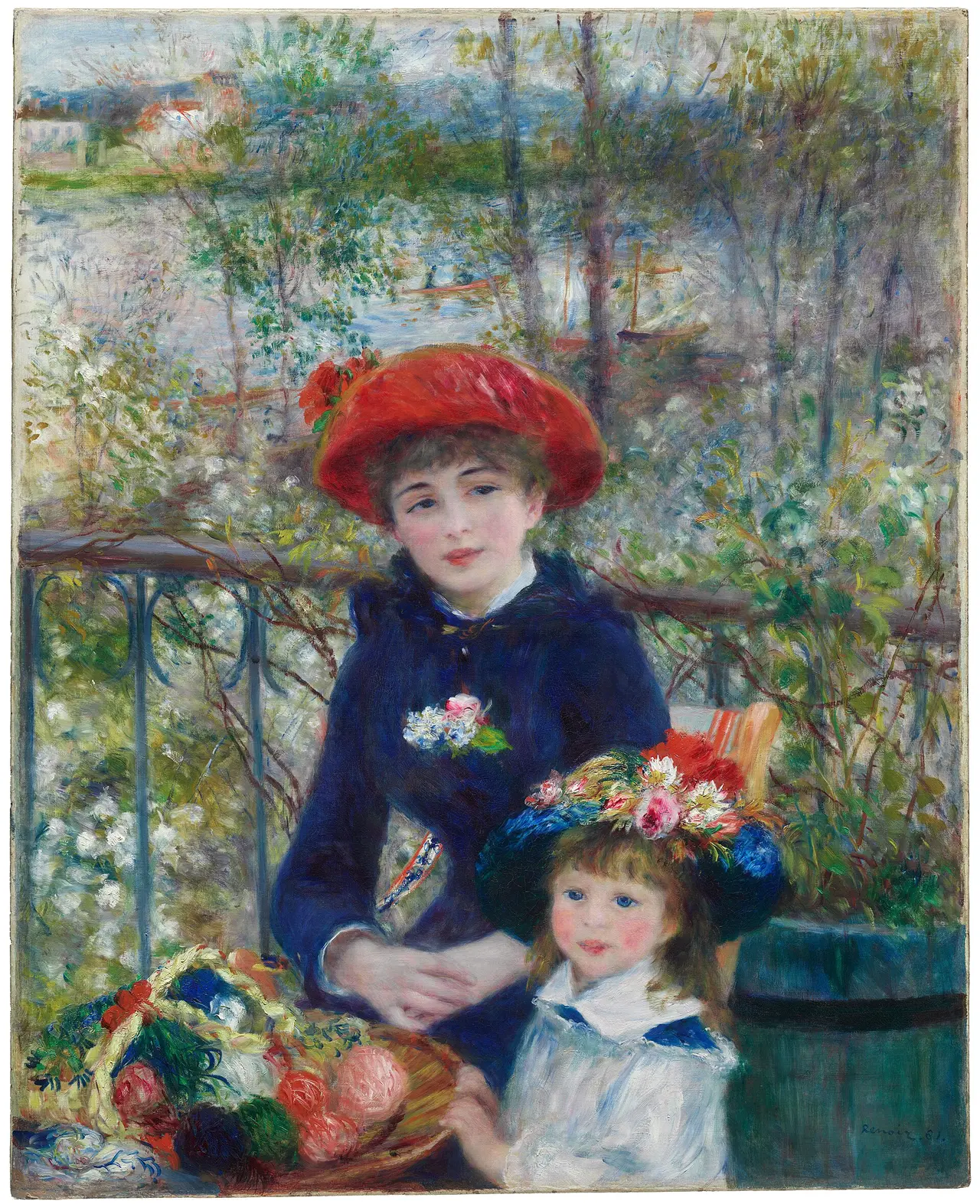 Painting of a woman and a girl in hats on a flowered terrace