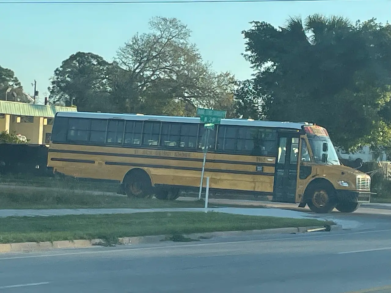 A yellow school bus parked on a tree-lined street