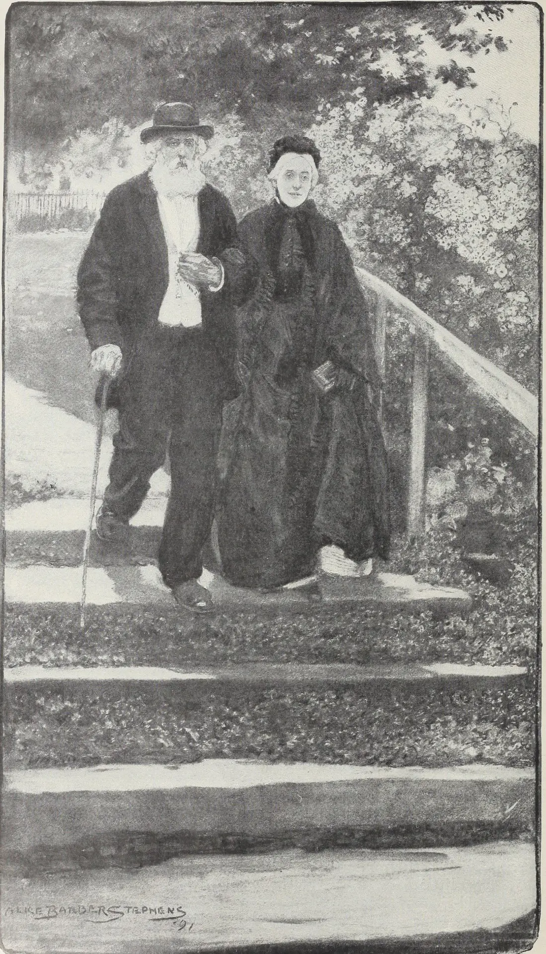 A black and white illustration of an elderly couple walking arm in arm