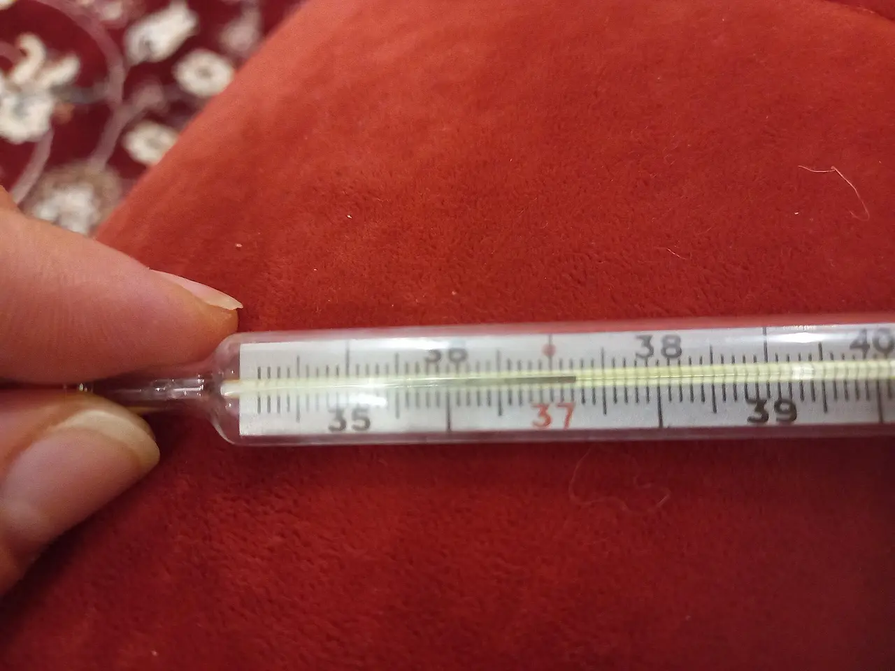 A hand holding a glass thermometer reading 37.2 degrees Celsius