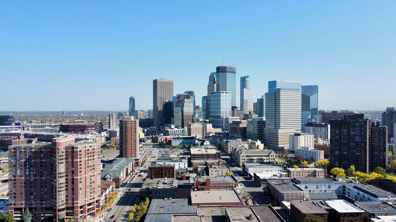 Towers of downtown Minneapolis seen from above on a clear day