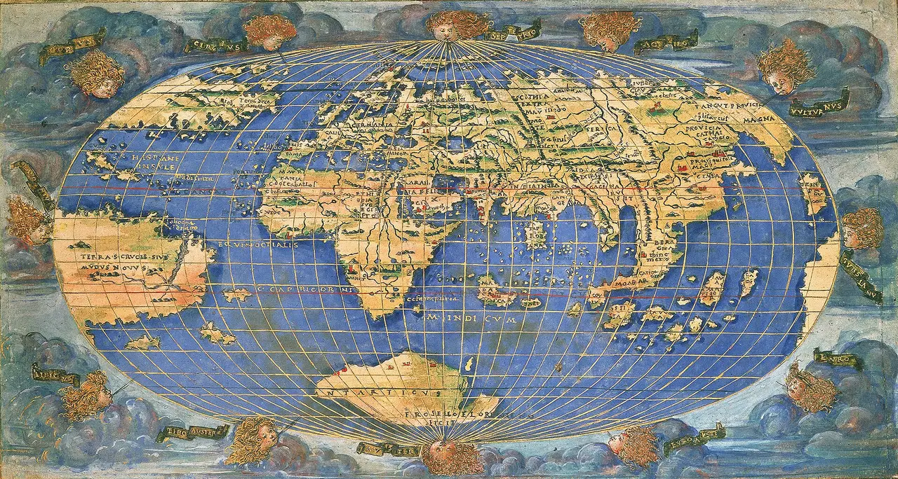 An oval world map with blue sea and ochre continents
