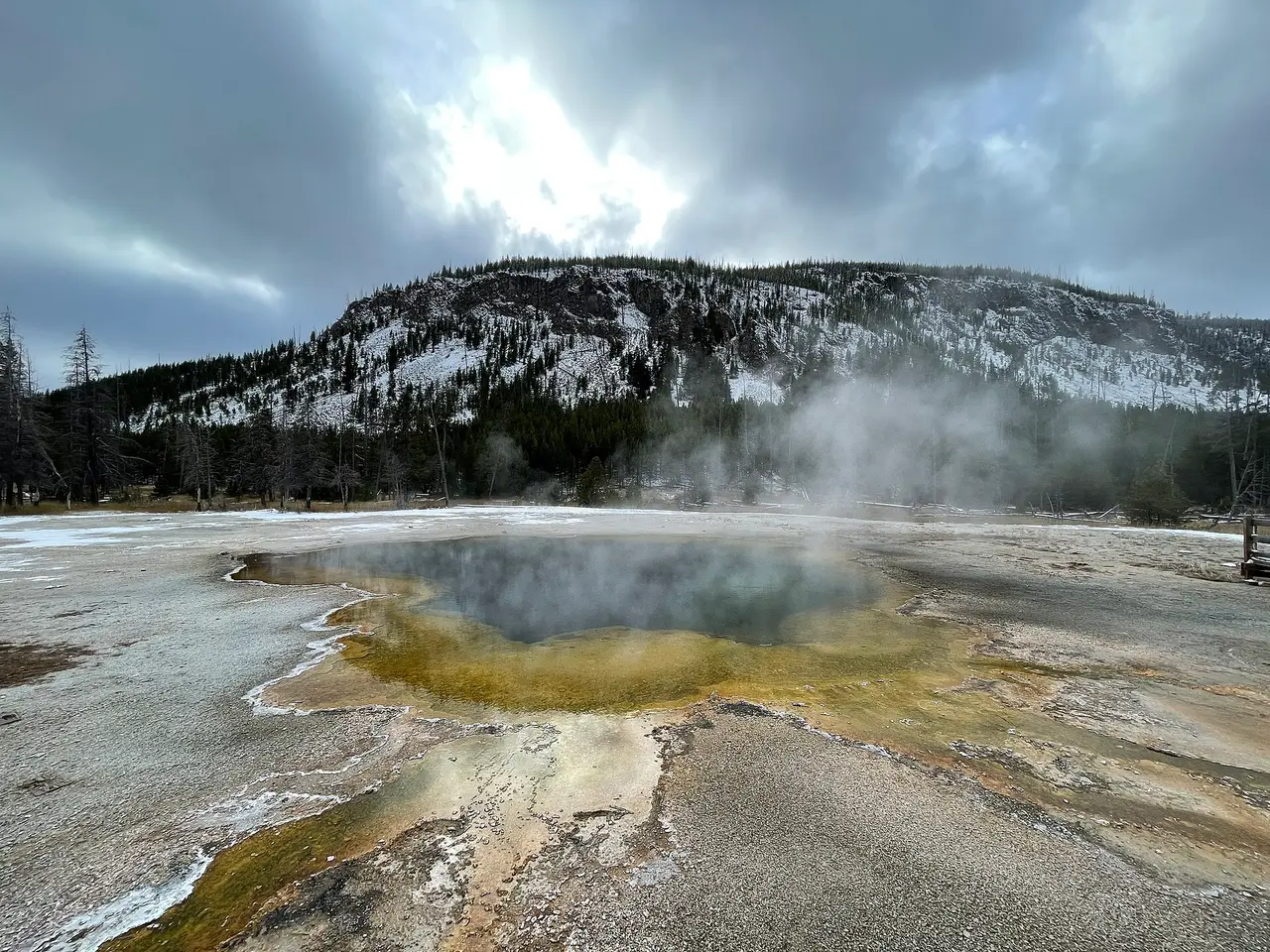A steaming hot spring below a snowy forested hill