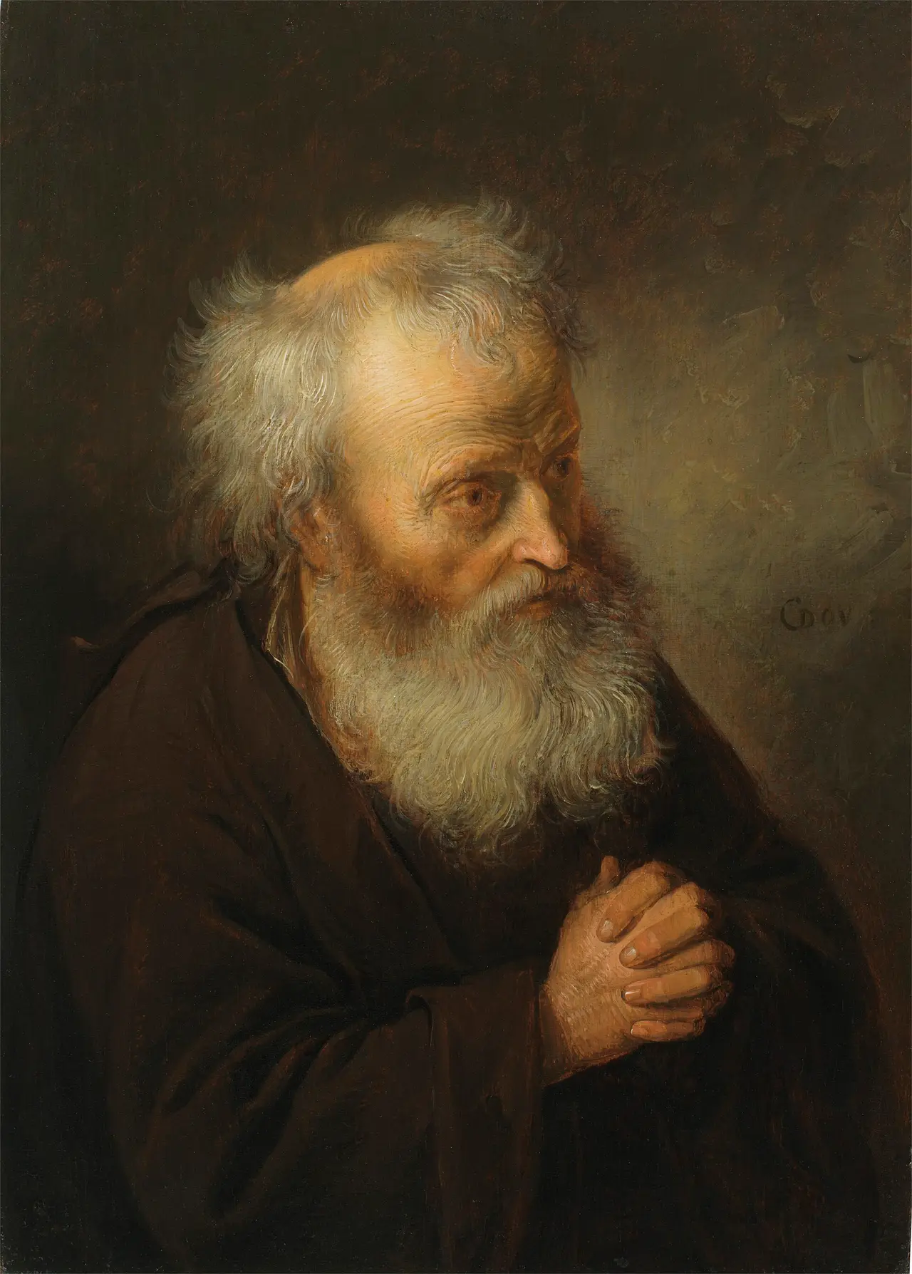 A painting of an old bearded man with his hands clasped in prayer