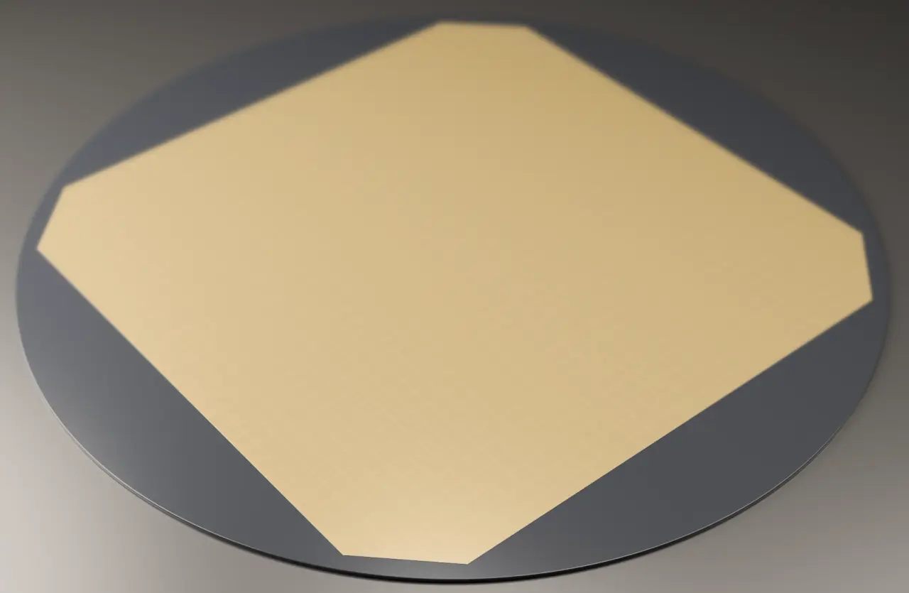 A gold-coloured wafer-scale circuit on a round silicon wafer