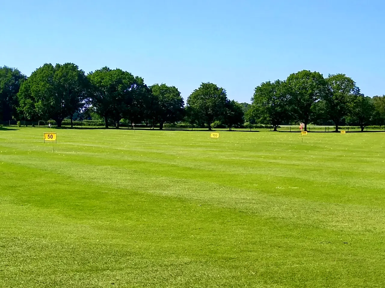 A wide mown grass driving range with trees in the distance