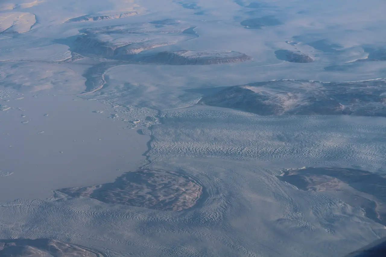 Aerial view of glaciers and a fjord in northern Greenland