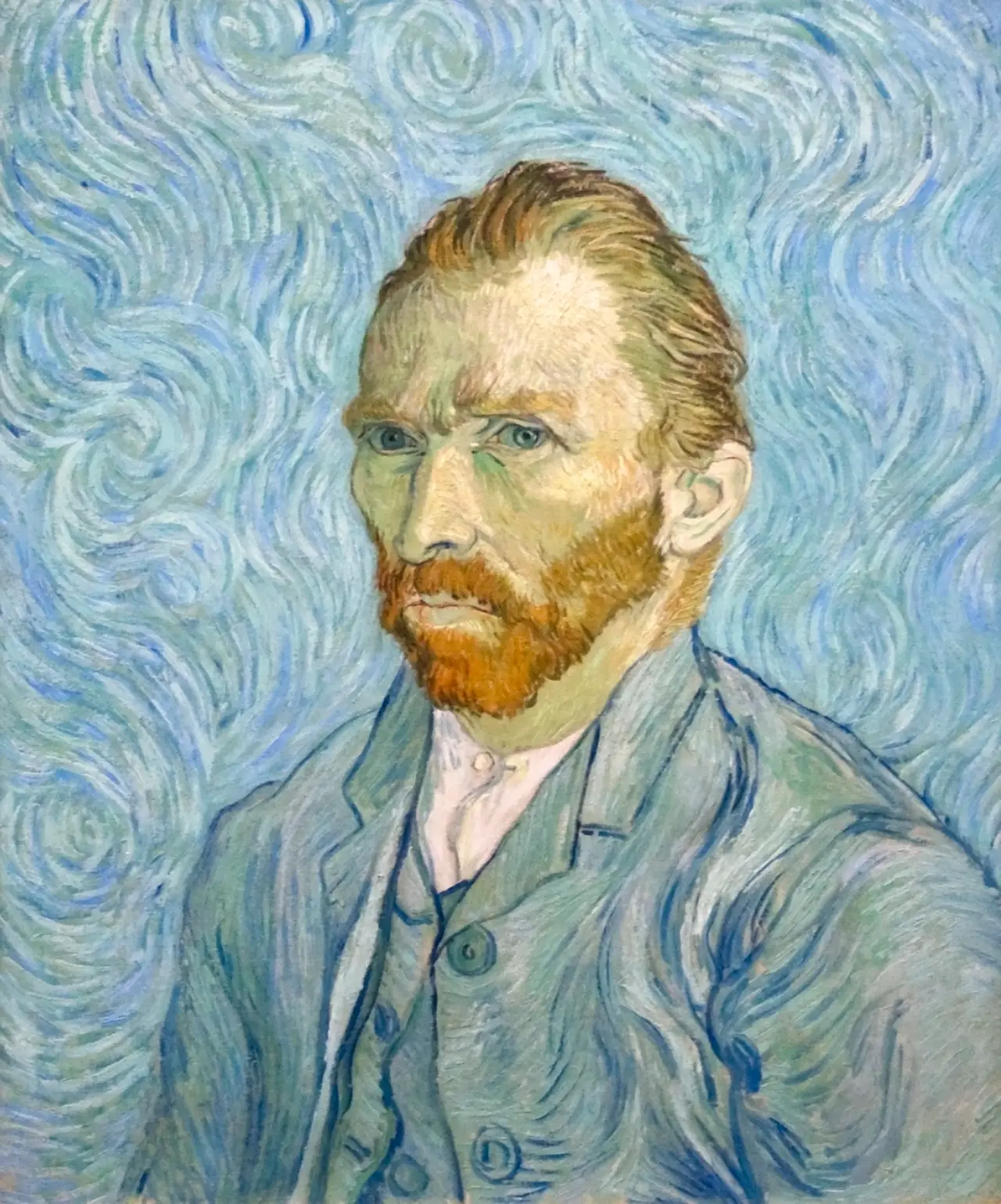 Oil portrait of a bearded man in a pale jacket before swirling blue paint