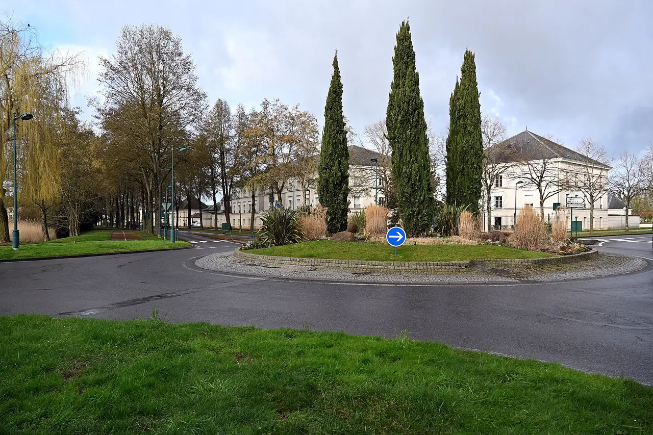 A grassy roundabout with tall cypress trees beside a road