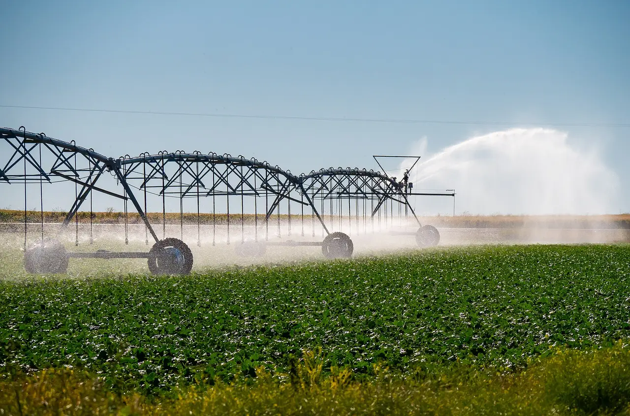 A long irrigation pivot spraying water over a green field