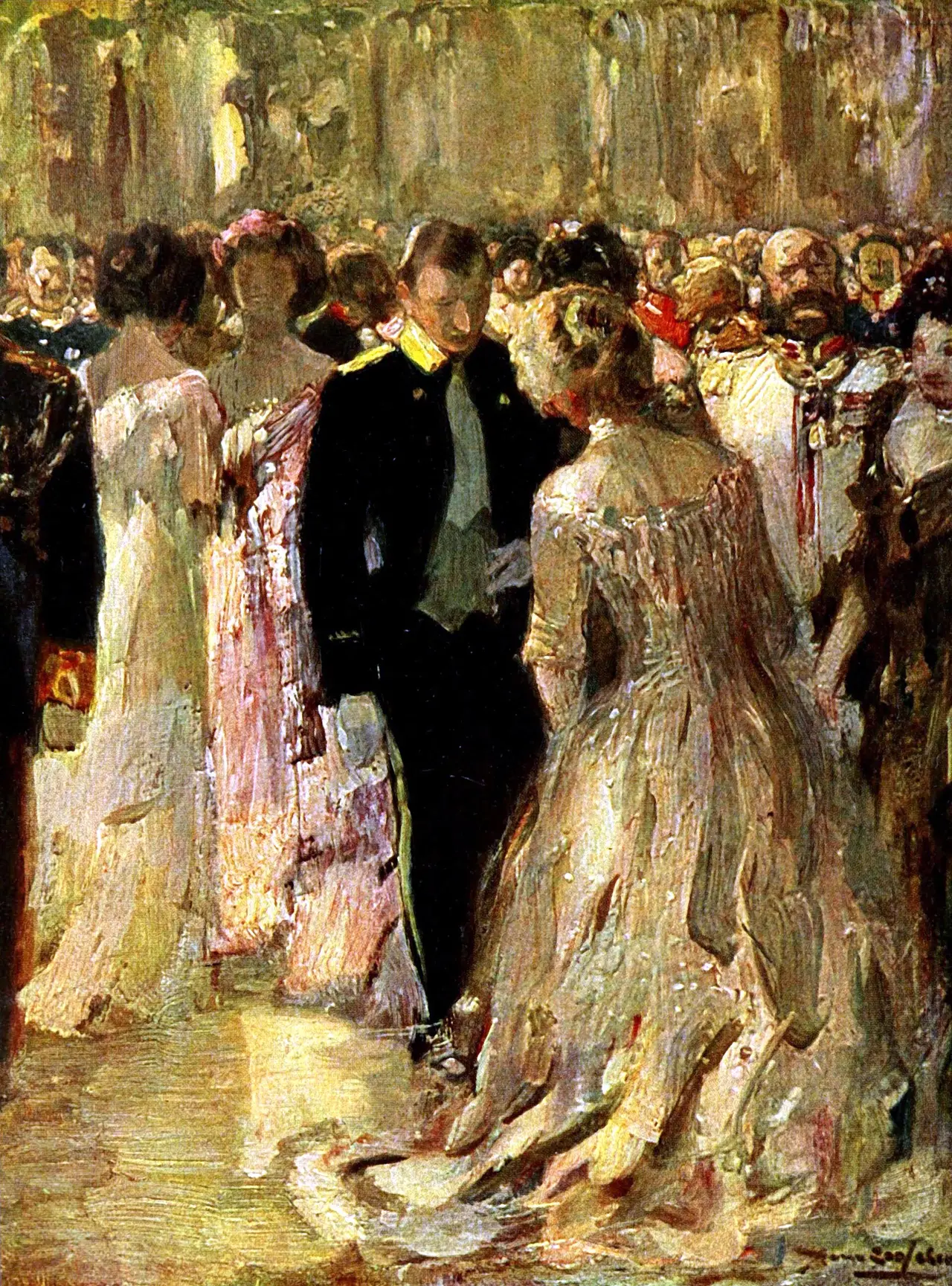 Painting of couples in ball gowns and uniforms dancing