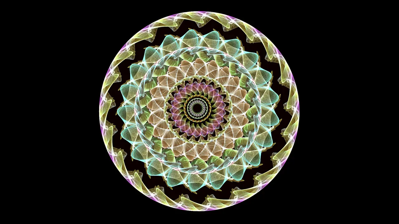 A circular pattern of layered petals in green and purple on black