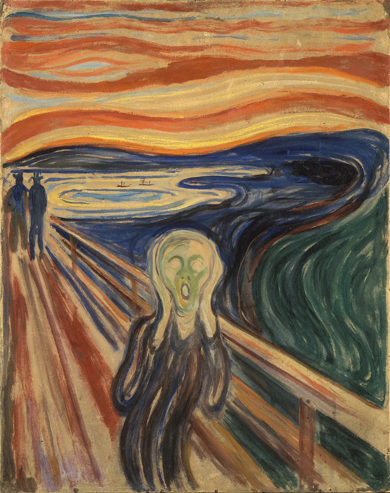 A painted figure clutching its face on a bridge under an orange sky