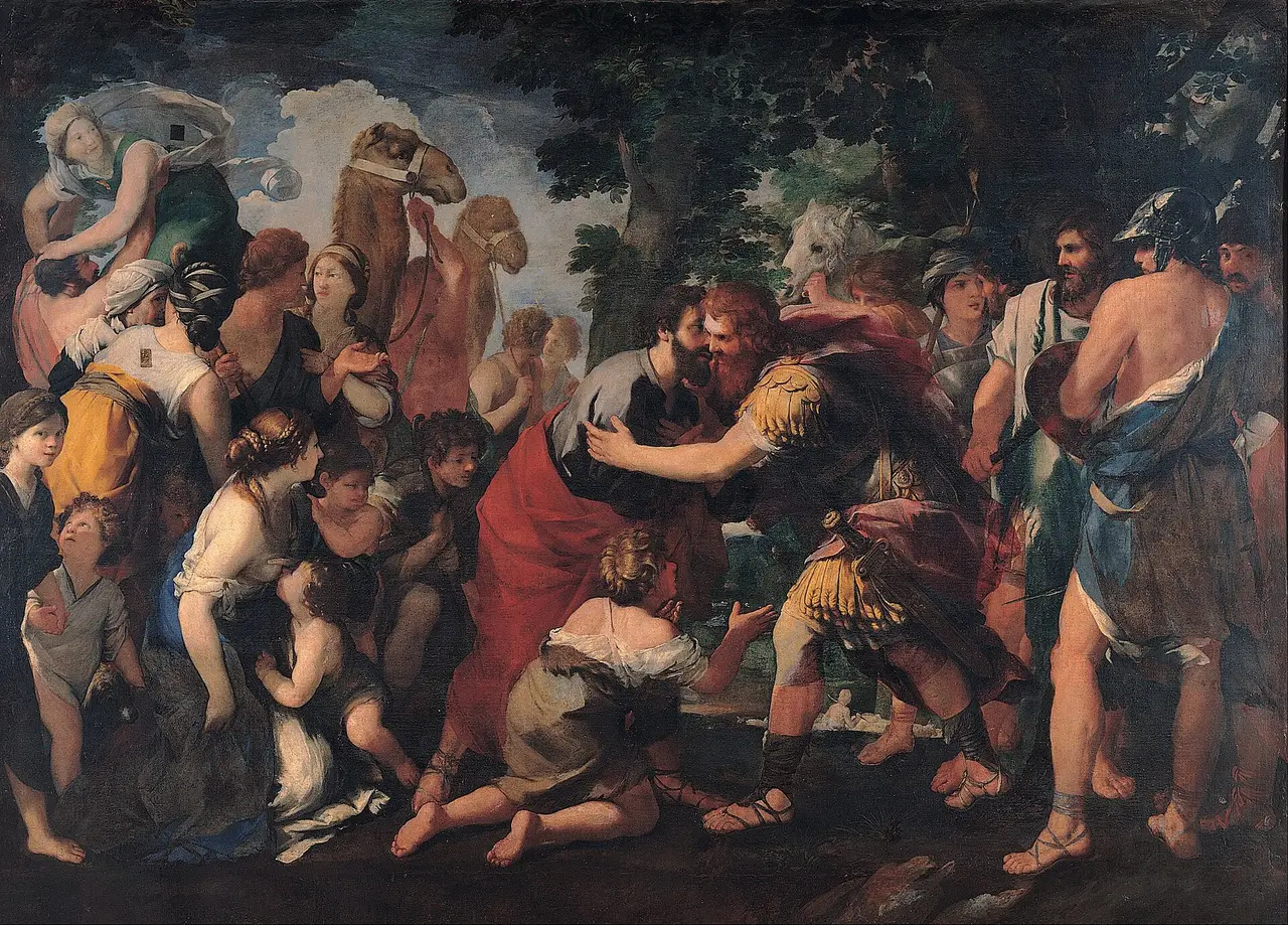 Painted scene of two brothers embracing among a crowd and camels