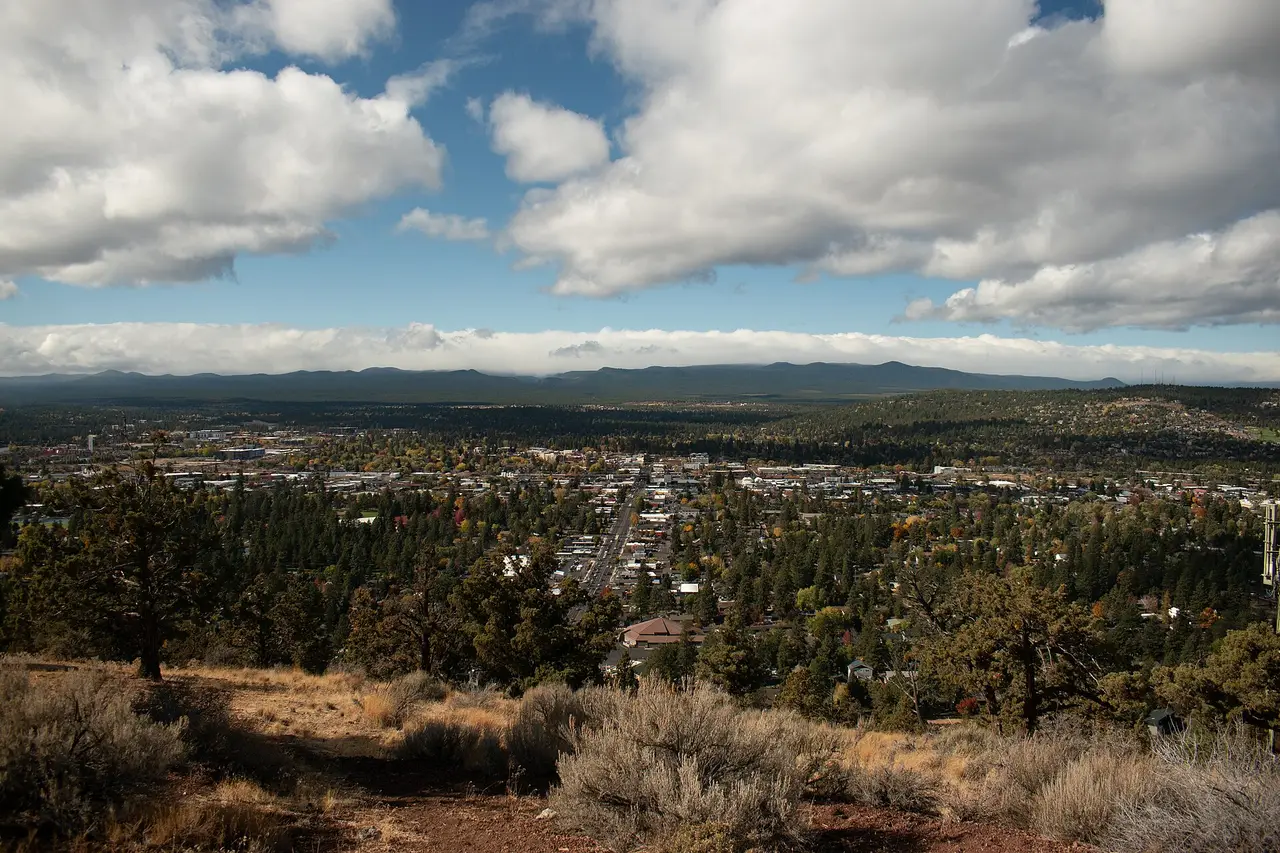 Town seen from a hilltop with sagebrush and distant mountains