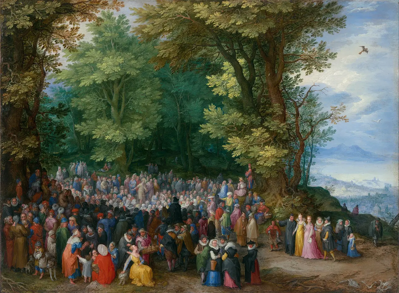 A painted crowd listening to a preacher beneath trees