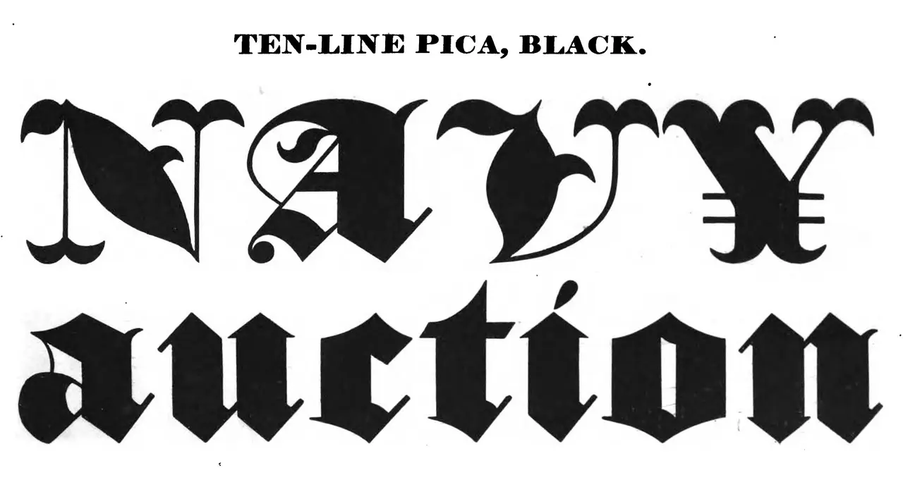 Black Gothic lettering reading Navy auction on a white page