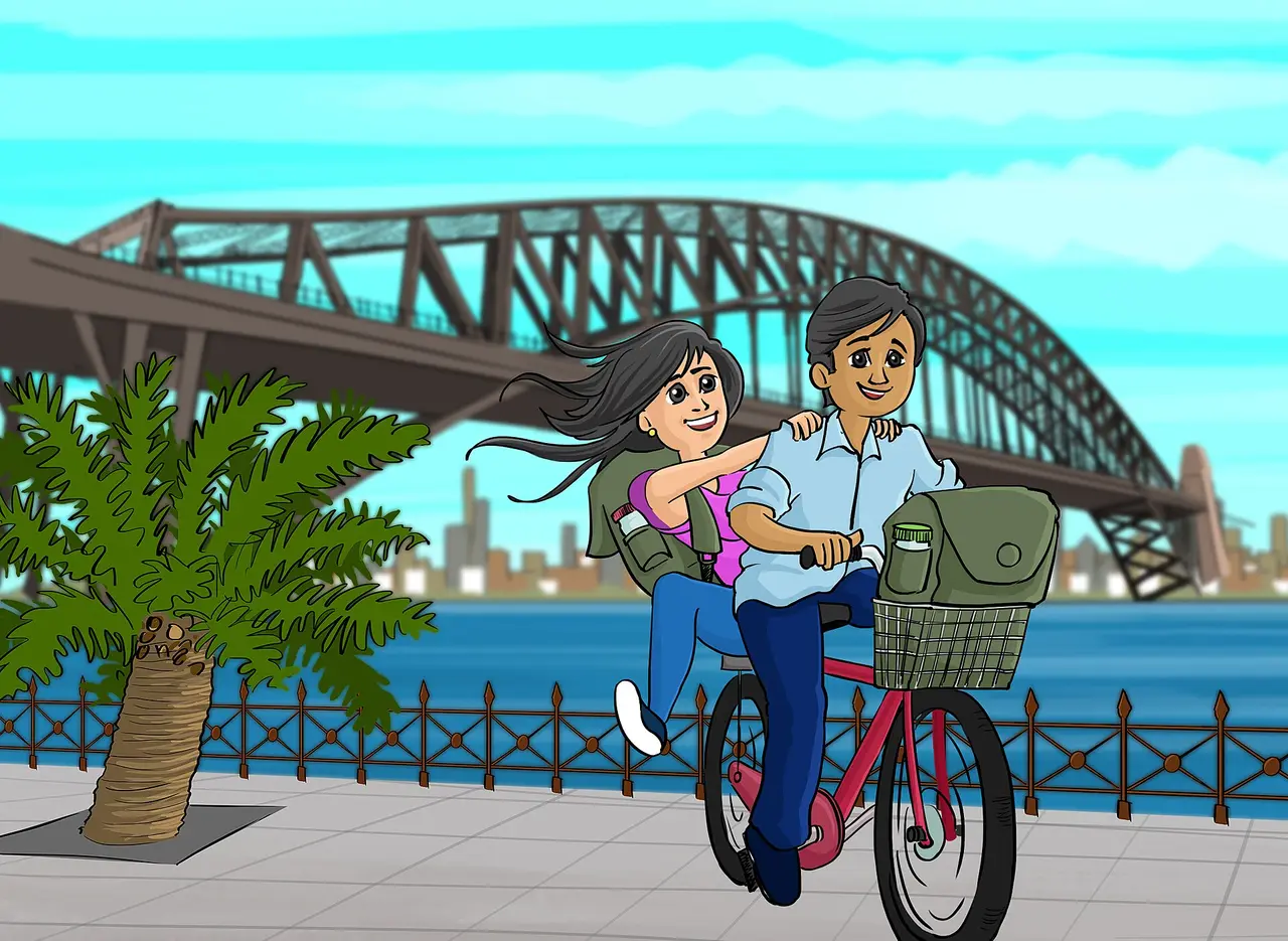 Cartoon of two people on a red bicycle beside Sydney Harbour Bridge