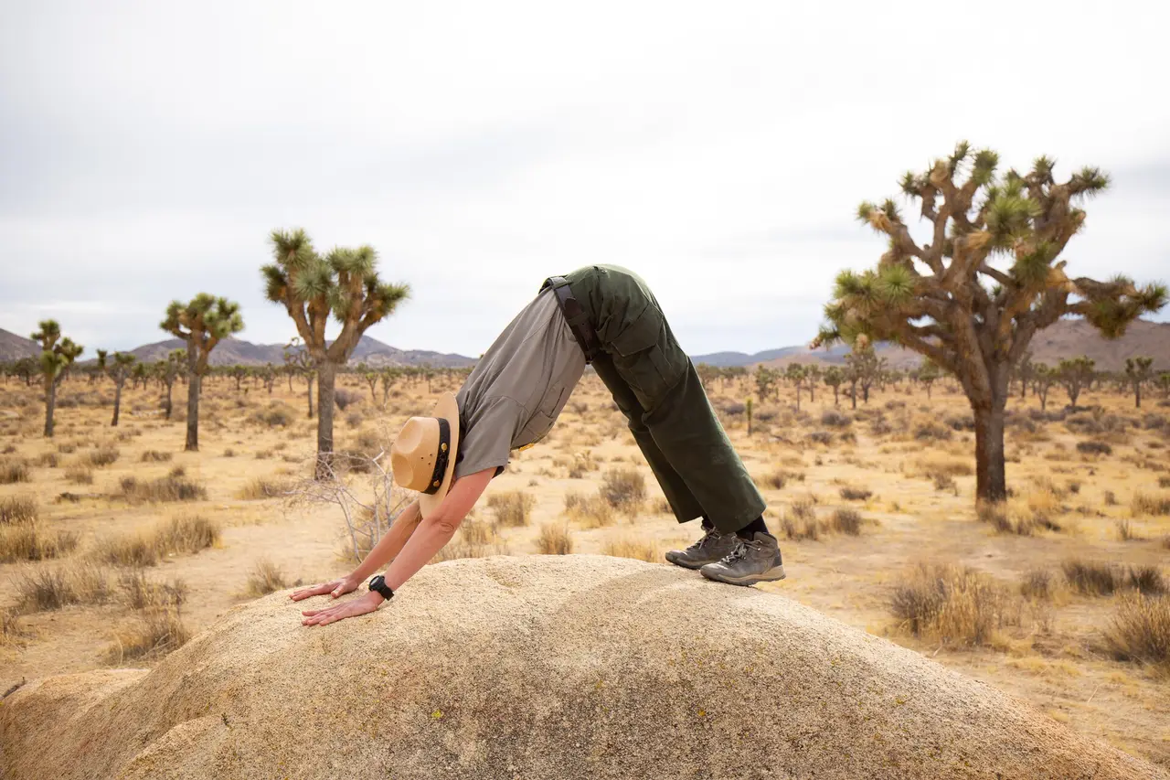 A person in downward-facing dog yoga pose on a boulder in the desert