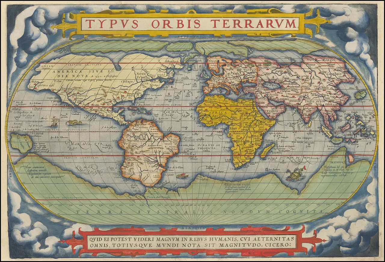 An old oval world map with decorated borders