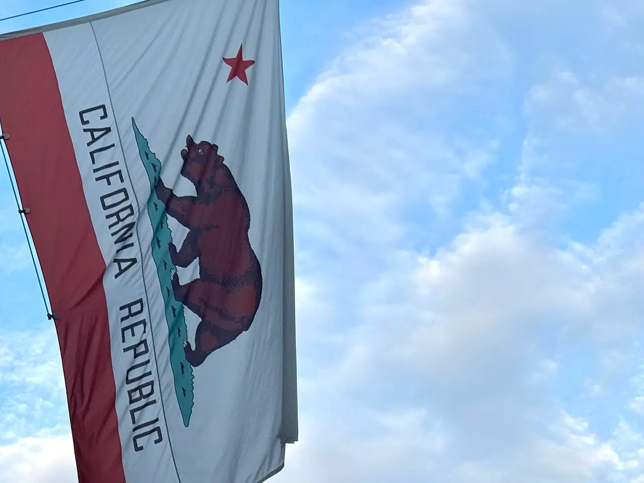 The California flag with a bear and star blowing in the wind