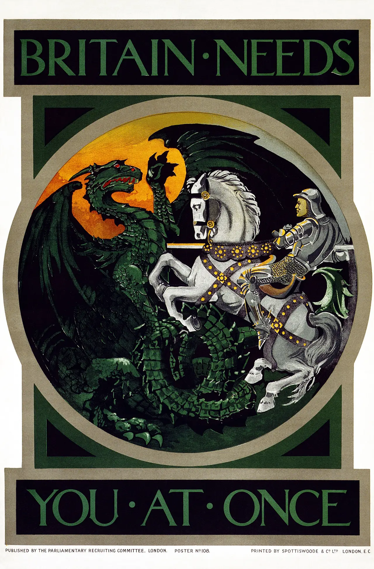 A poster with a knight on a white horse fighting a green dragon