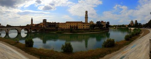 distant view of Verona with Ponte Pietra on Adige river, italy