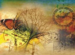 collage with clocks, butterfly, music notes and tree