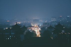 night cityscape with buddhist buildings, japan