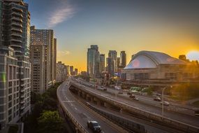 rogers centre arena in cityscape at sunset, canada, toronto