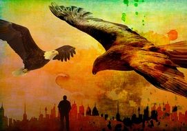 grunge colorful background with eagles and man silhouete at cityscape