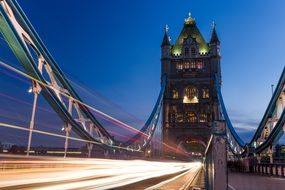 Lights of tower bridge at night in London