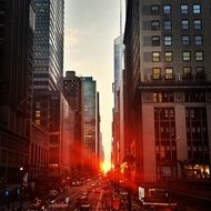 red sunset beams in city, usa, manhattan, nyc