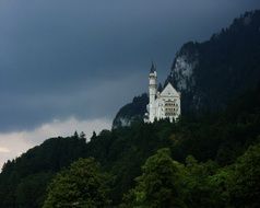baroque neuschwanstein castle, on forested mountain side at cloudy evening, germany, bavaria