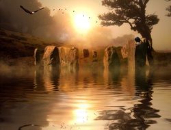 fantasy collage with stone circle on water at sunset