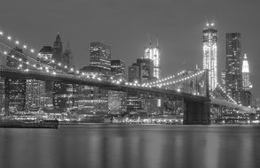 new york city downtown lights at night, black and white, usa, manhattan