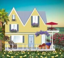 painted yellow house with a blooming garden