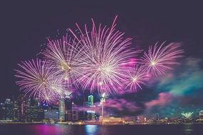 purple fireworks above night city at water