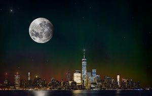 full moon in night sky above new york city skyline, usa, manhattan