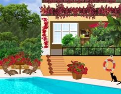 swimming pool at house, decorated with flower garlands, illustration