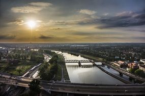 bridge across oder river at sunset, poland, wroclaw